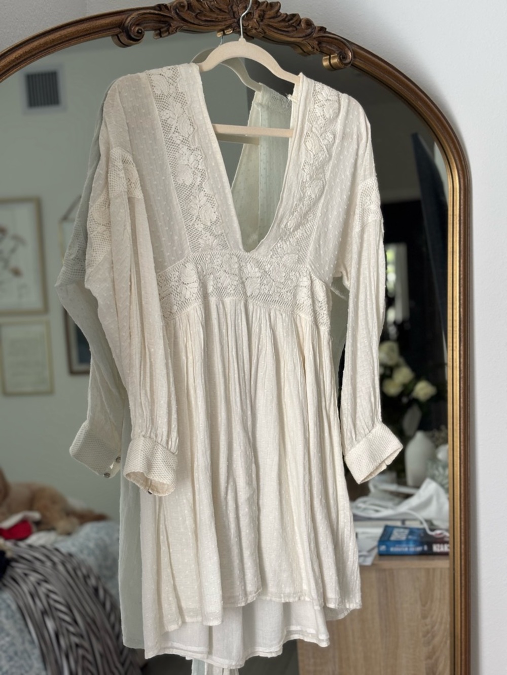 Free People Cream Crochet Trim Long Sleeve Mini Dress